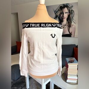 True Religion White Off-Shoulder Top with Black Logo Band